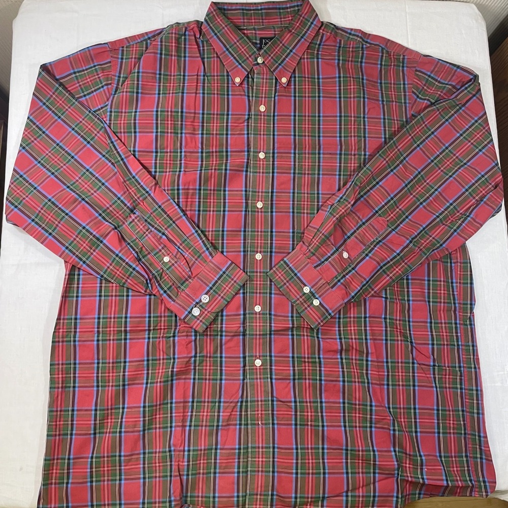 Jos A Bank Travelers Collection Mens XL Red Green Plaid Button Down Shirt Cotton